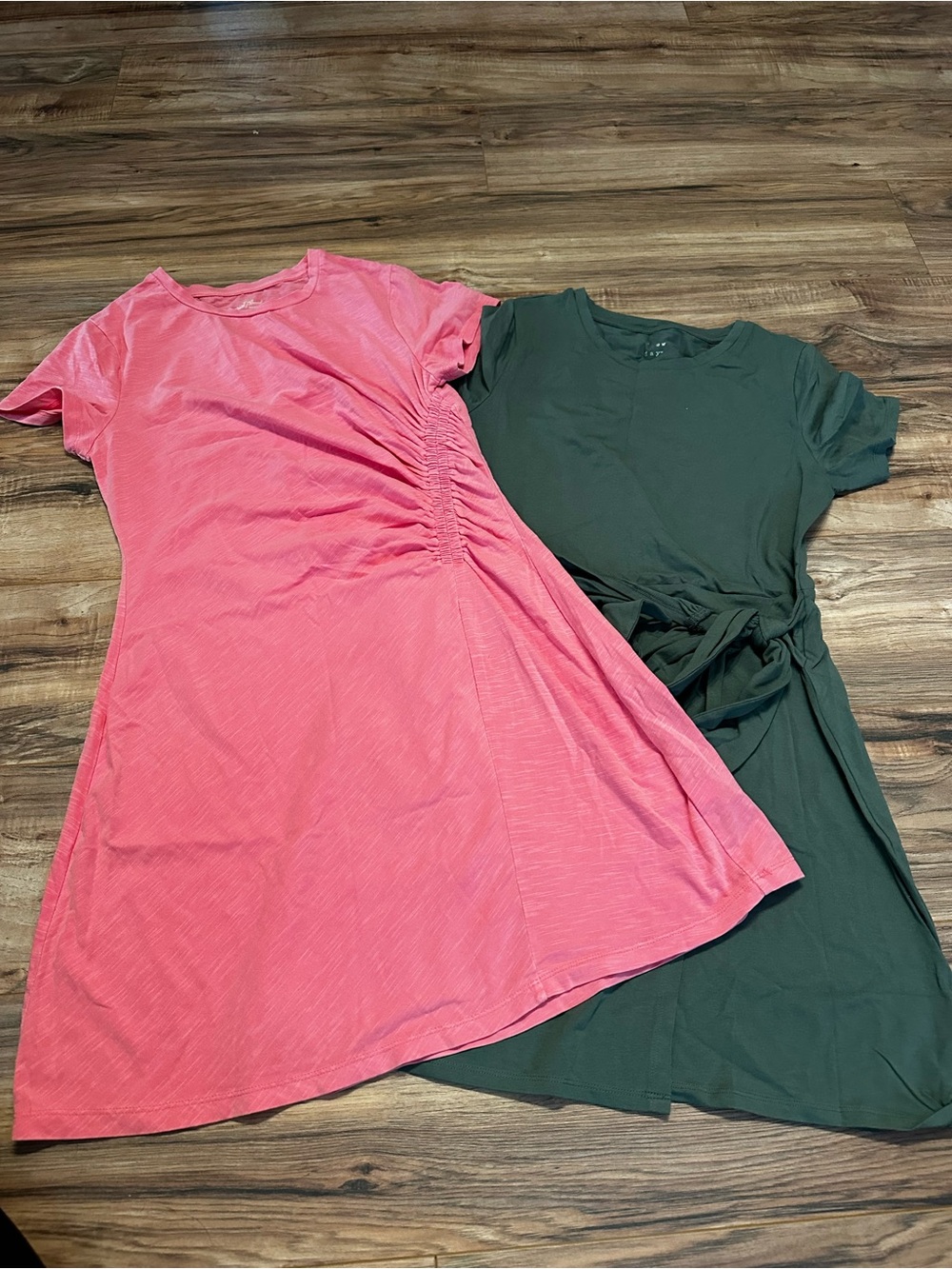 Cotton Pink and Green Midi Dresses - Ruched & Tie Waist Styles